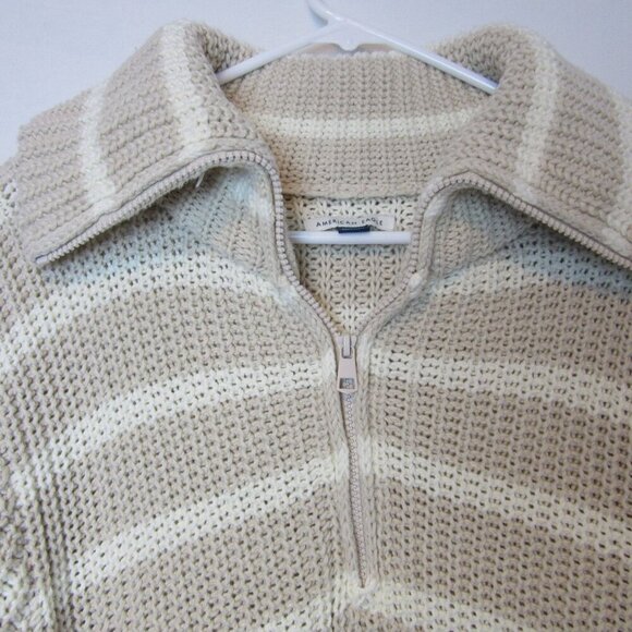 American Eagle Beige Knit 1/4 Zip Sweater Collared Striped Preppy Women's Small - Picture 4 of 8